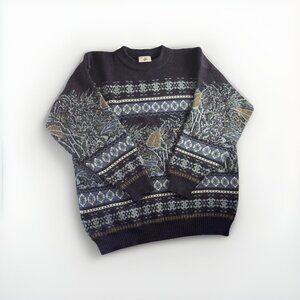 New World Vtg 1990s Grandpa Wool Knit Sweater, Size XL,‎ Multicolor Crewneck